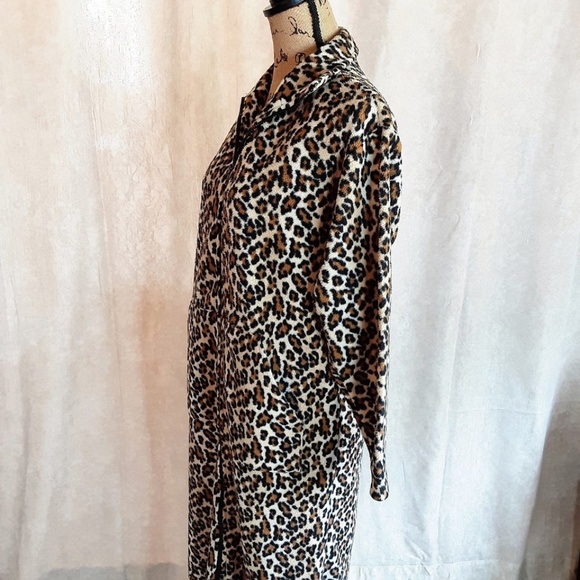 Leopard Print Full Zip Long Cozy Fleece Robe with Pockets Black Brown Tan Size S - Picture 5 of 14